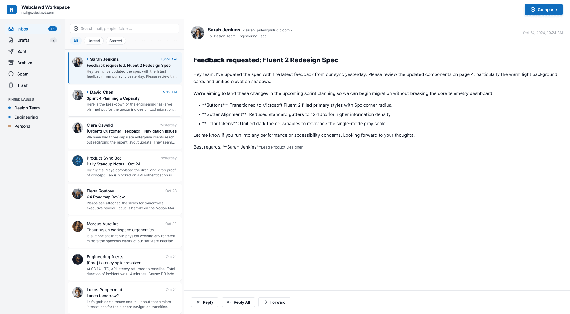 Webclawd Workspace inbox showing a design feedback email thread
